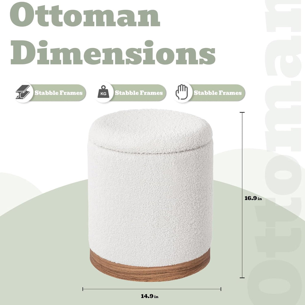 Joveco Round Storage Ottoman with Removable Lid, Boucle Small Upholstered Padded Vanity Foot Rest Stool for Living Room, Bedroom, Dorm, White with Oatmeal Wood Grain Trim