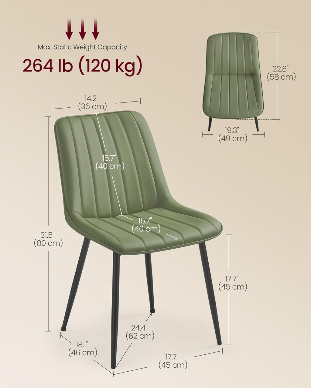VASAGLE Dining Chairs Set of 4, Upholstered Kitchen Chairs, Synthetic Leather, Max. Load 264 lb, Steel Legs, Curved Backrest, for Dining Room, Forest Green and Ink Black ULDC090CH02-2J
