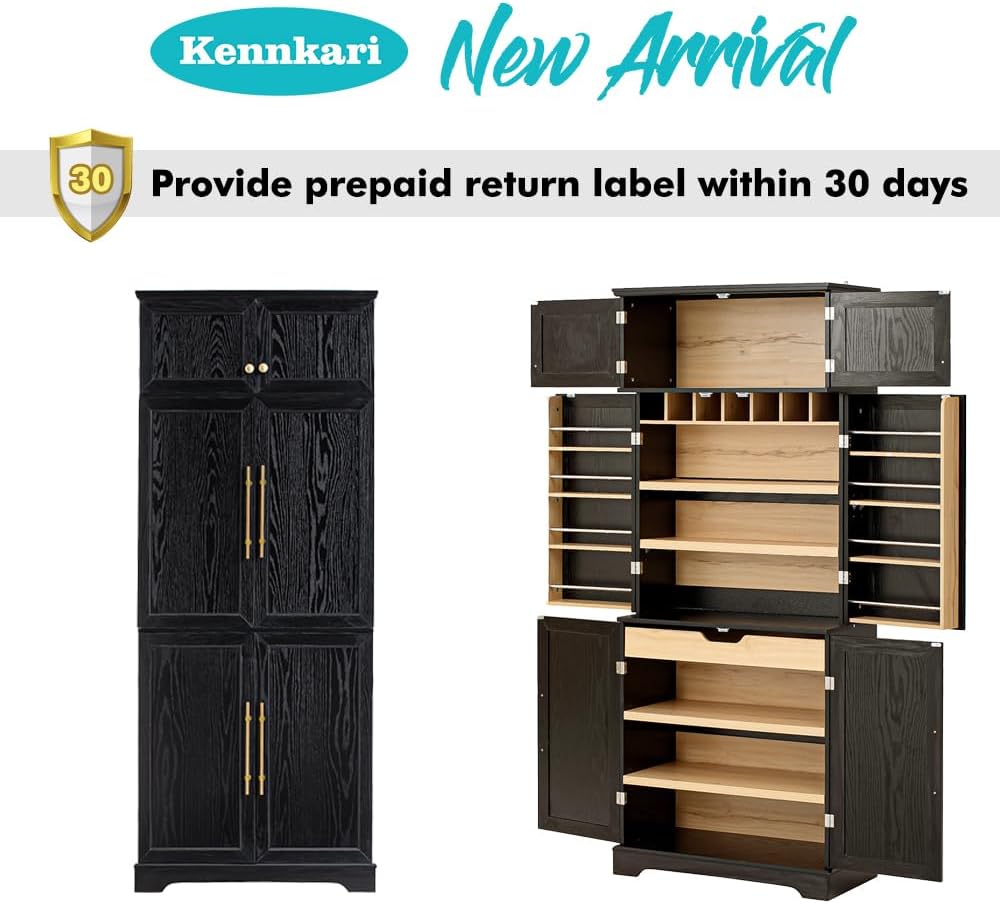 78.2" Tall Farmhouse Kitchen Pantry Cabinet with 8 Door Shelves and 4 Adjustable Shelves, Storage Cabinet with Hidden Drawer for Bathroom, Versatile Cupboard with Wine Rack for Kitchen (Black)