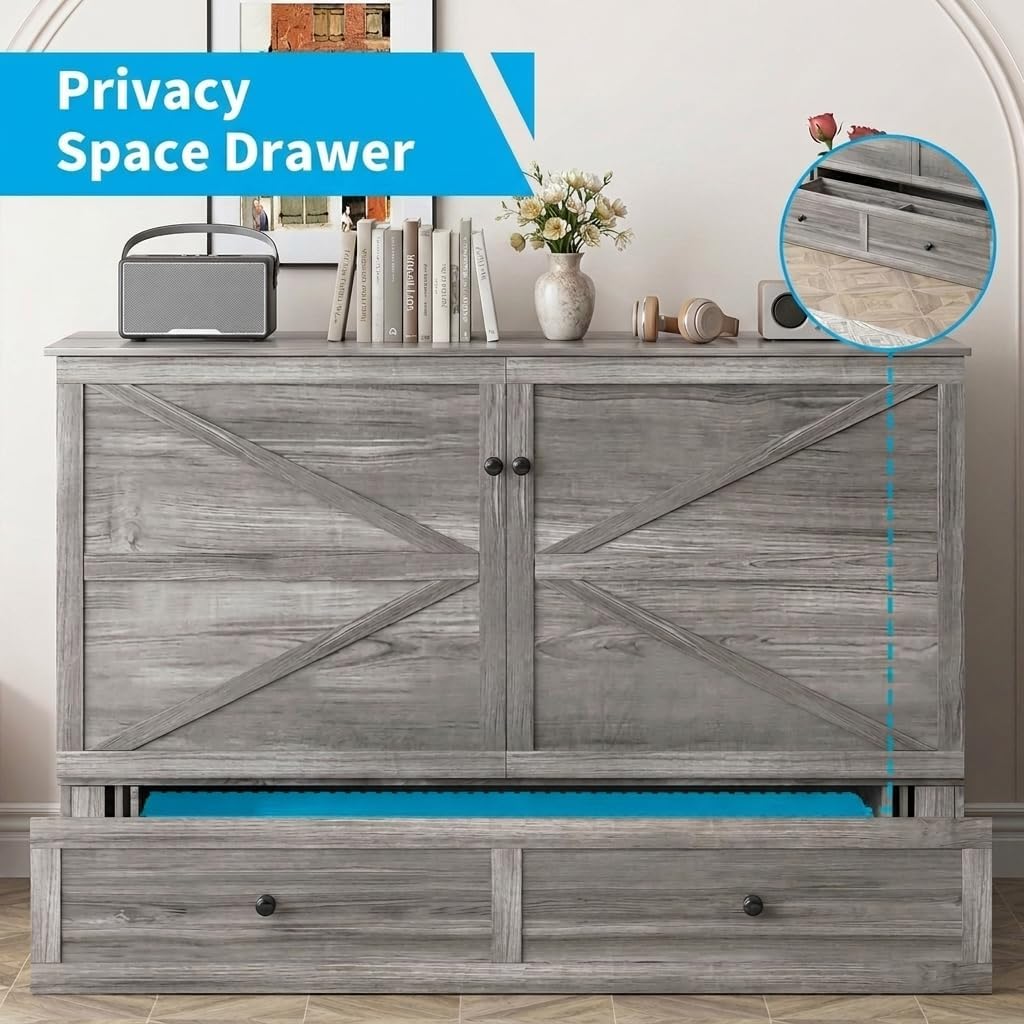 Mjkone Queen Size Cabinet Murphy Bed with Tri-Folding Foam Mattress, Farmhouse Chest Cabinet Wall Beds with USB Charging Station and 2 Storage Drawers for Bedroom Office Guest Room, Gray
