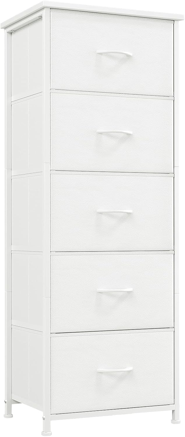Somdot Tall Dresser for Bedroom, 5 Drawer Storage Cabinet, White | Fabric Dresser with Removable Bins, Steel Frame, Wood Top Home Furniture, Closet Organizer, Nursery, Dorm, Entryway Storage