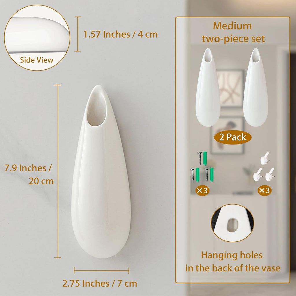 Hanging Ceramic Wall Vases, 7.9 Inch, Set of 2, Cubicle Modern Decor Wall Plant Holder Vase for Indoor Plants,Propagation Hanging Flower Pots for Air Vases,White