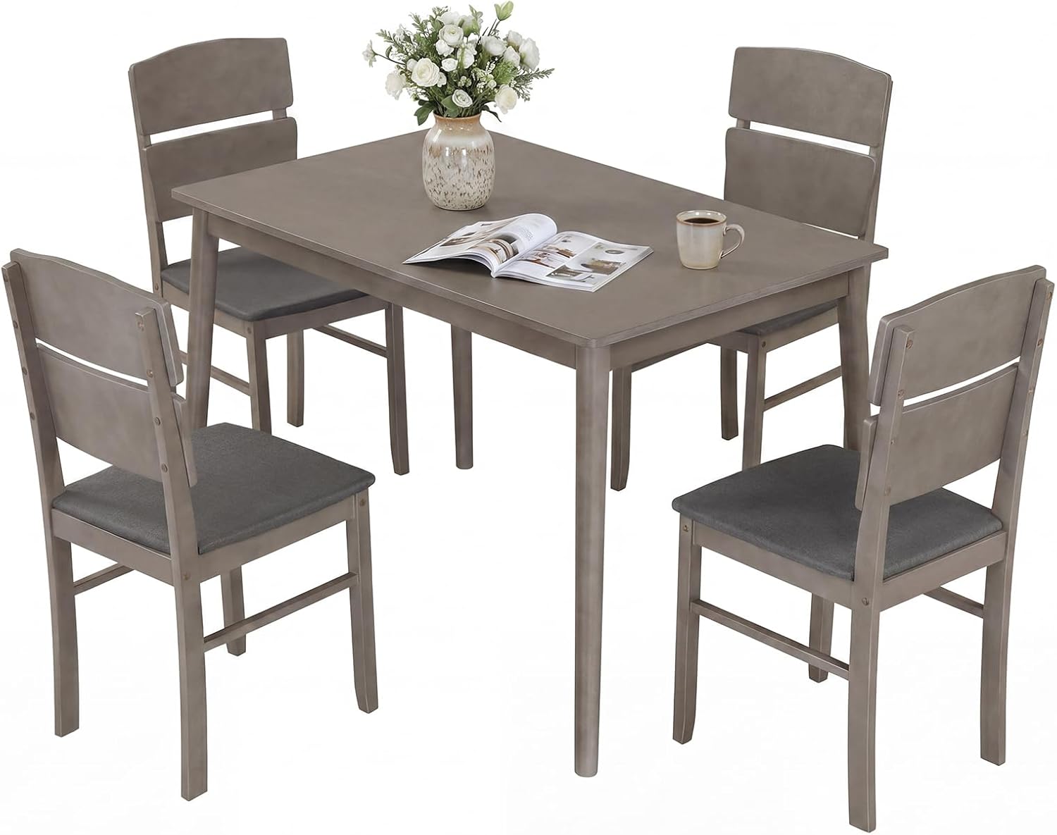 Giantex 5-Piece Dining Table Set for 4, Kitchen Table and Upholstered Chair Set w/Solid Rubber Wood Legs, High Curved Backrest, Space-Saving Farmhouse Dinette Set for Living Dining Room, Gray