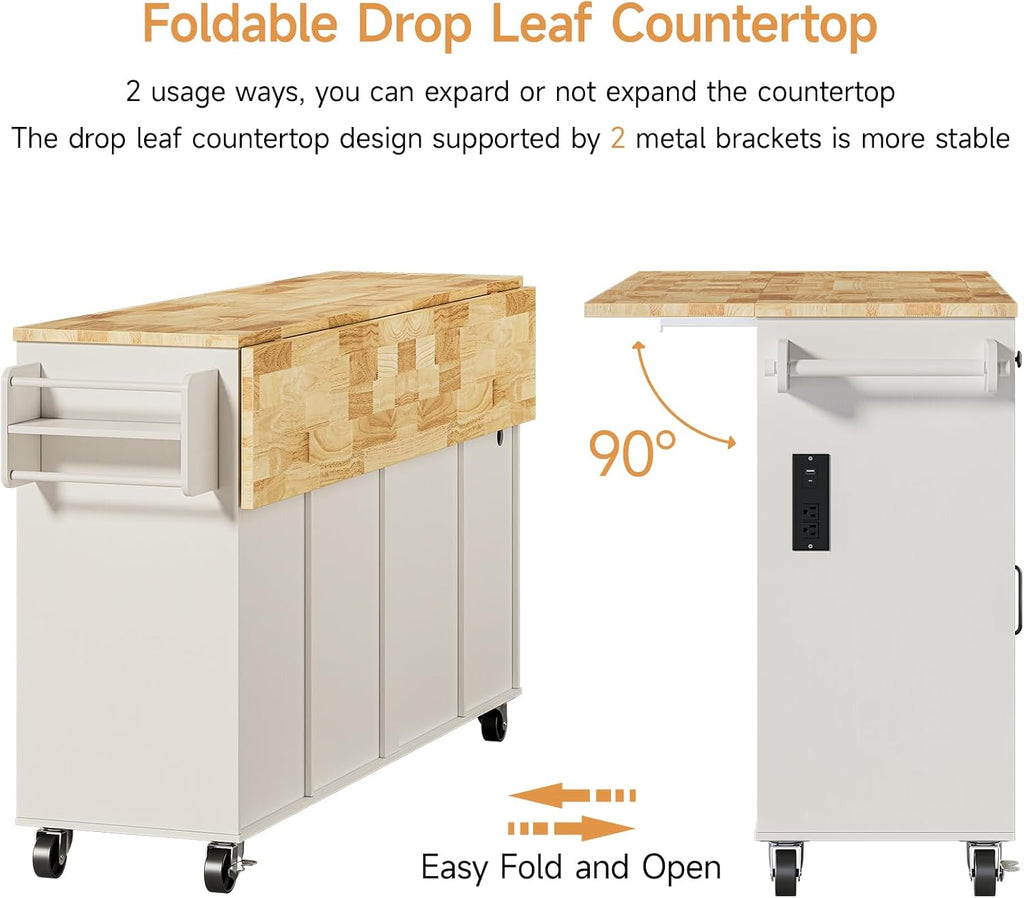 ONBRILL 69" Kitchen Islands with Dual Trash Cabinets, Rolling Island Cart with Large Storage, Dining Table with Solid Wood Drop Leaf, Bar Table with Power Outlet & Spice & Towel Rack, White
