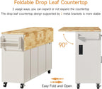 ONBRILL 69" Kitchen Islands with Dual Trash Cabinets, Rolling Island Cart with Large Storage, Dining Table with Solid Wood Drop Leaf, Bar Table with Power Outlet & Spice & Towel Rack, White