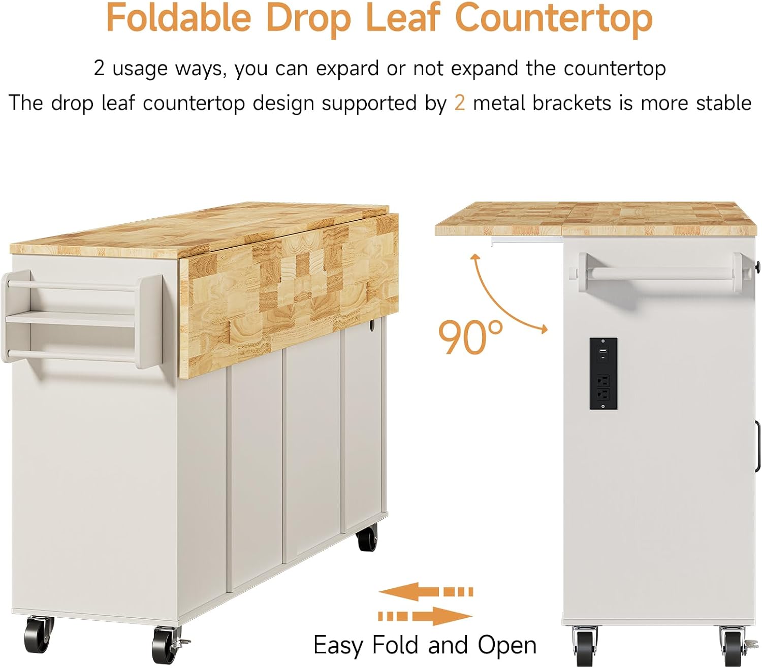 ONBRILL 69" Kitchen Islands with Dual Trash Cabinets, Rolling Island Cart with Large Storage, Dining Table with Solid Wood Drop Leaf, Bar Table with Power Outlet & Spice & Towel Rack, White