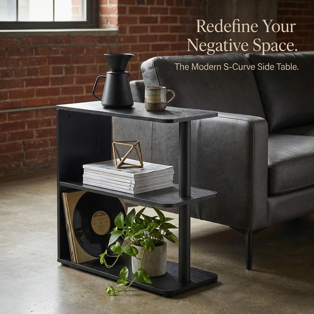 3-Tier Narrow End Table, Industrial Slim Side Table for Small Spaces, Sofa Couch Table Accent Nightstand with Storage Shelves for Living Room, Bedroom, 22.5" L x 10" W x 21.5" H, Black