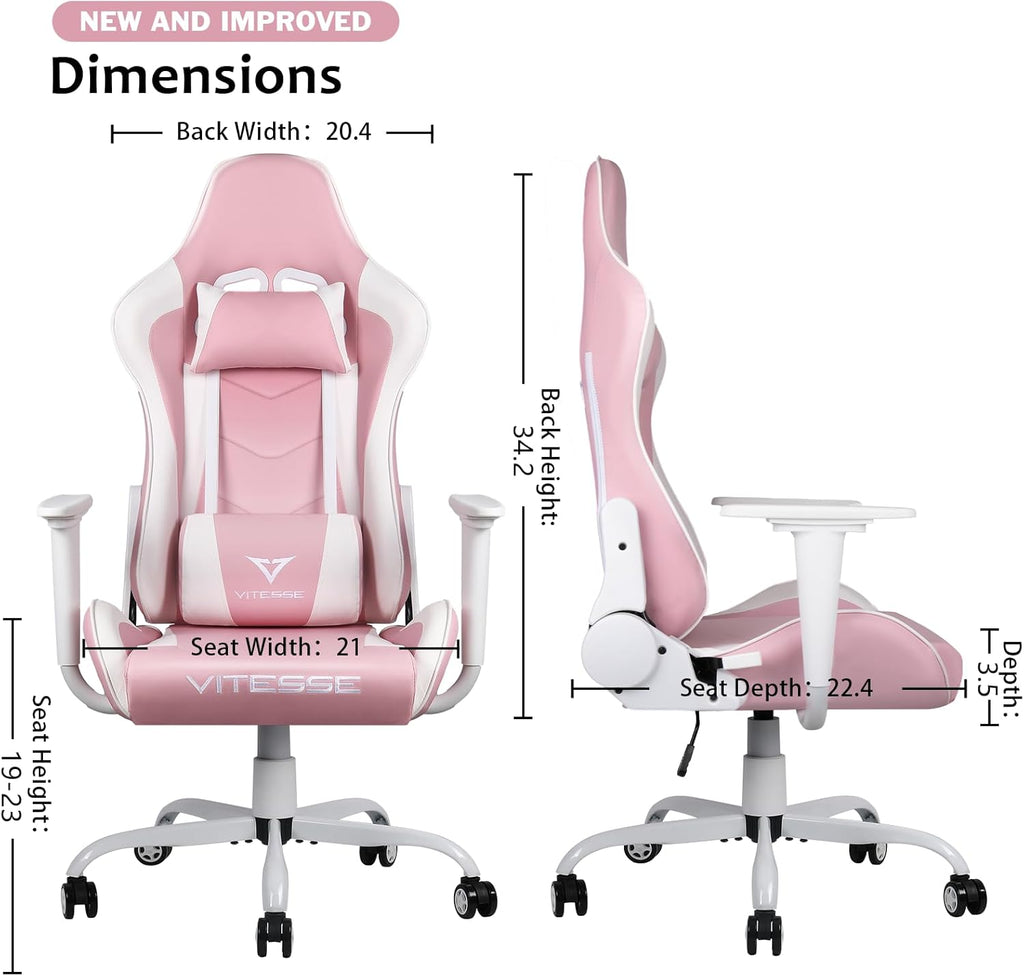 Gaming Chair High Back Gaming Chair for Teens, Ergonomic Racing Chair Computer Desk Chair with Massage Lumbar Support and Headrest, Cute Gamer Chair with Height Adjustable (Pink)