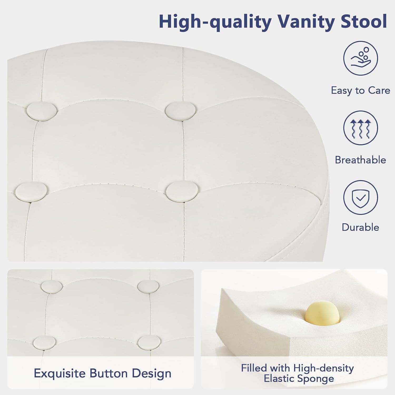 Furniliving Adjustable Swivel Vanity Stool, Makeup Ottoman Stool, PU Leather Chair for Makeup Room, Small Makeup Stool for Vanity, Bedroom, Living Room, White