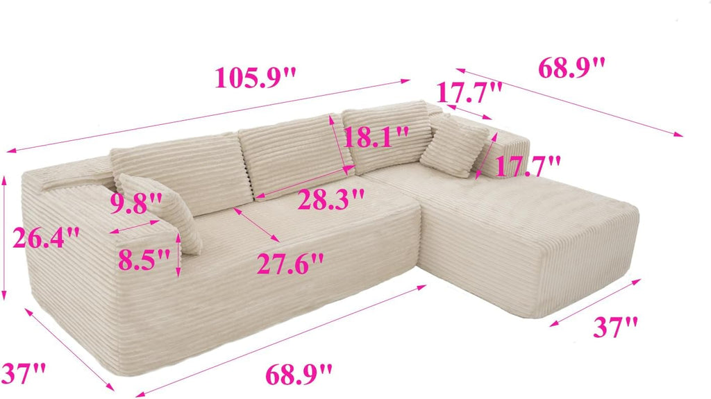 FUFU&GAGA 105.9” Sectional Sofa with Chaise, L-Shape Corduroy Cloud Couch with Pillows, Modern Boneless Sofa for Living Room Apartment, No Assembly Required, Beige, 105.9”W x 68.9”D x 26.4”H