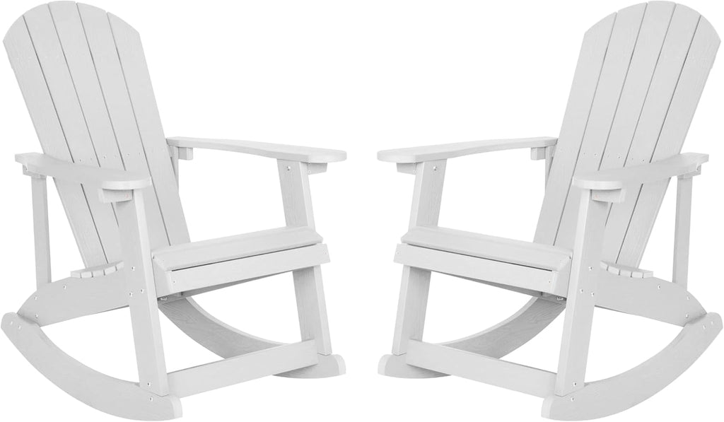 Flash Furniture Savannah Poly Resin Wood Adirondack Rocking Chair - All Weather White Polystyrene - Stainless Steel Hardware - Set of 2