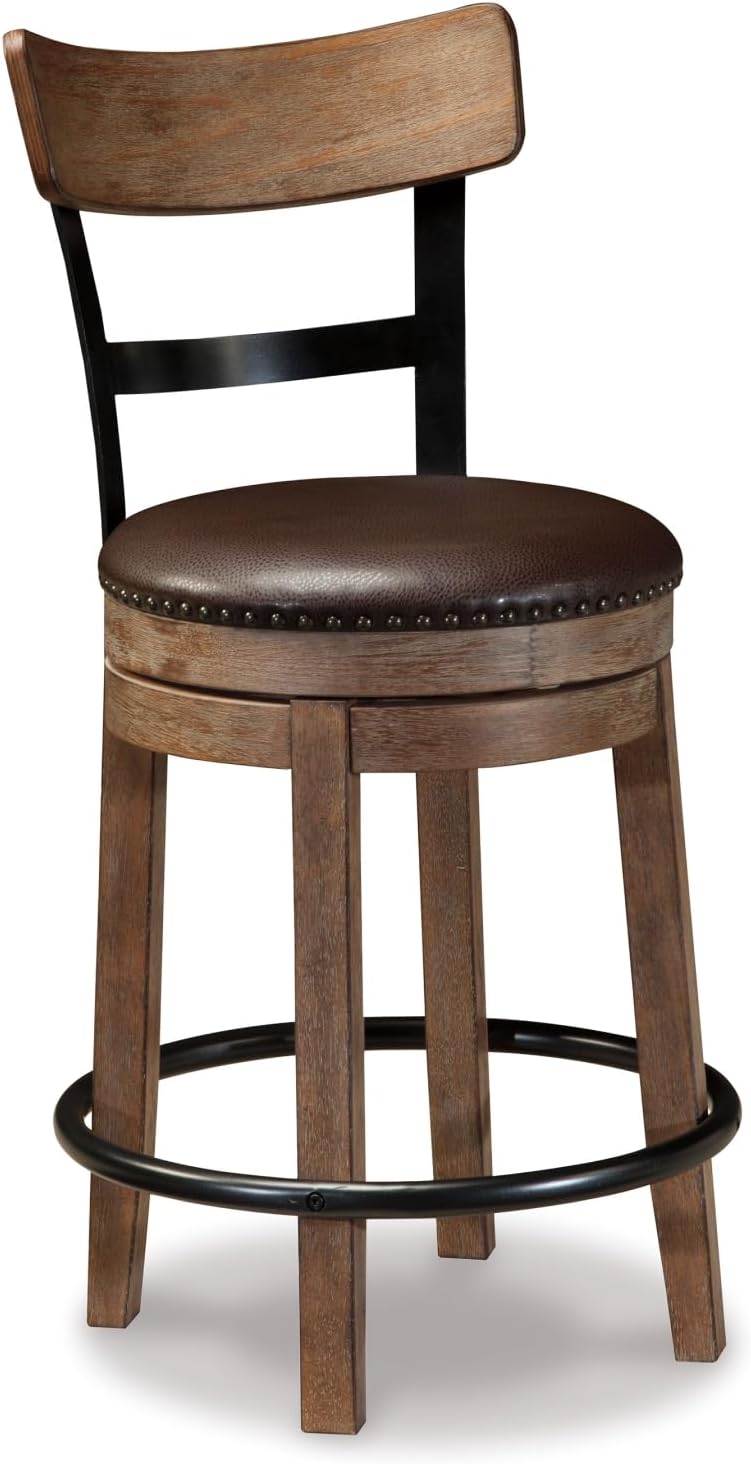 Signature Design by Ashley Pinnadel Bar Stool, Swivel Counter Height Stool Chair With Faux Leather Seat, Wood and Metal Frame for Kitchen Island With Seating, Light Brown