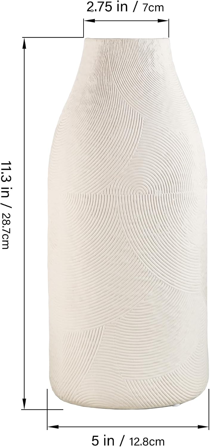 Decorative Ceramic Vase, 11.3 Inch White Modern Farmhouse Vases for Home Decor, Boho Textured Vases for Living Room, Table, Mantel, Shelf and Centerpieces Decor