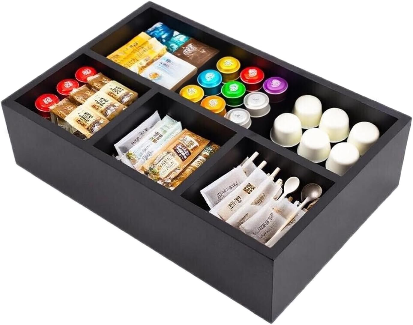 Tea Bag Organizer Wood Black, 4 Compartments Tea Bag Holder, Large Capacity Sugar Packet and Coffee Station Organizer, Tea Bags Caddy Drawer Storage Container for Countertop