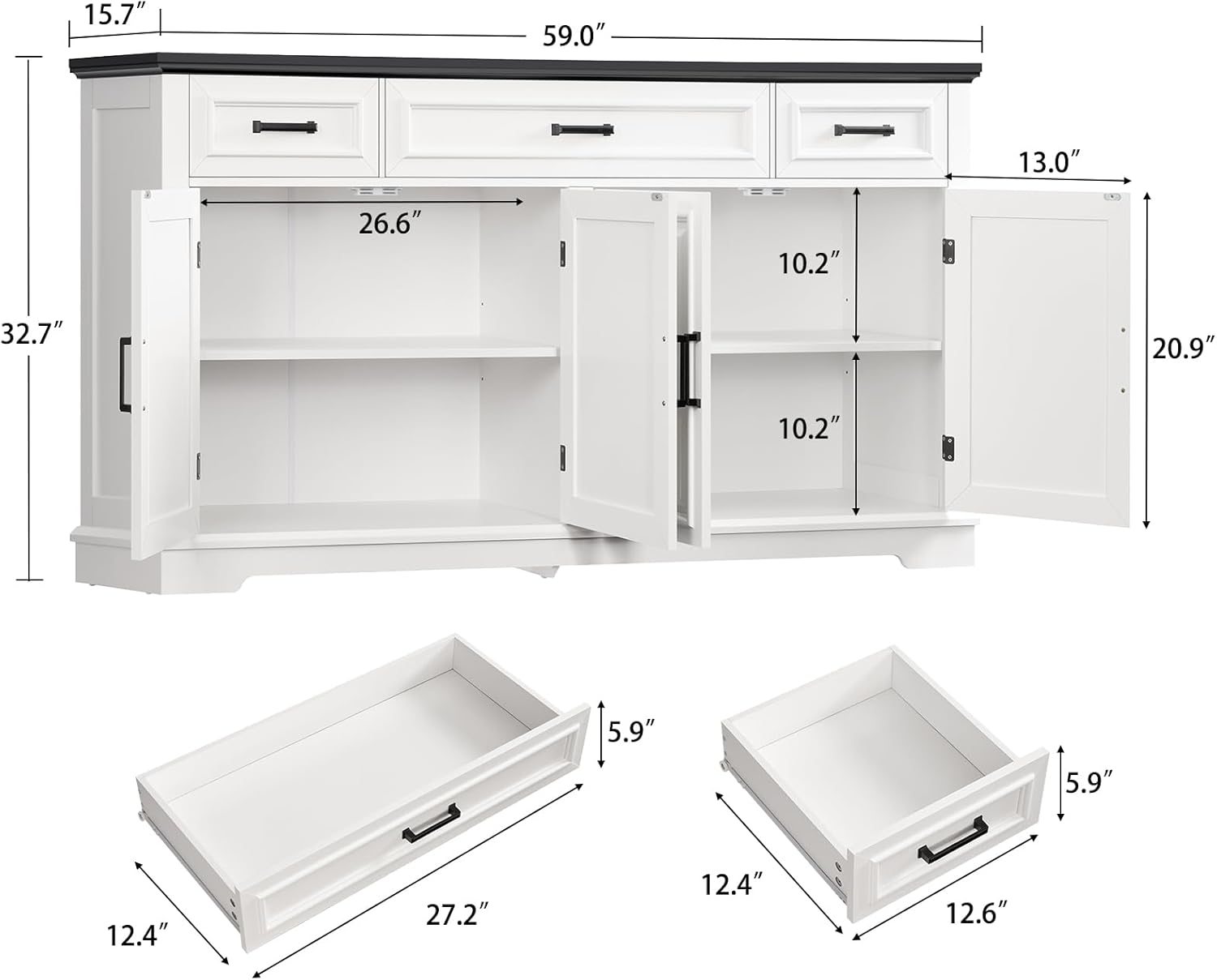 usikey 59” Large Buffet Cabinet with 4 Doors and 3 Drawers, Buffet Sideboard Cabinet with Storage and 2 Adjustable Shelves, Coffee Bar, Wine Bar for Living Room, White