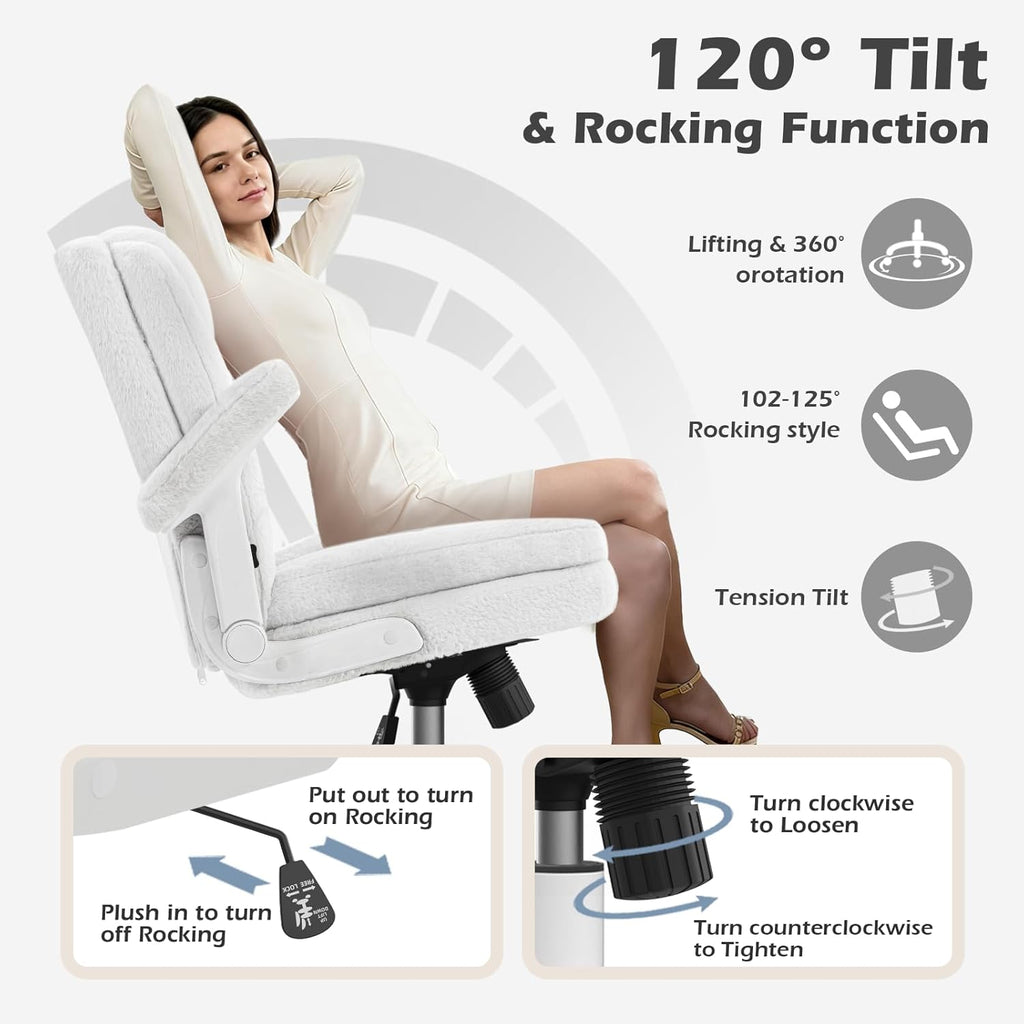 SEATZONE White Plush Office Chair Ergonomic Desk Chair with Lumbar Support, Flip-Up Arms, Adjustable Swivel Computer Chair with Wheels, Soft Fleece Cute Office Chair for Home Bedroom Vanity
