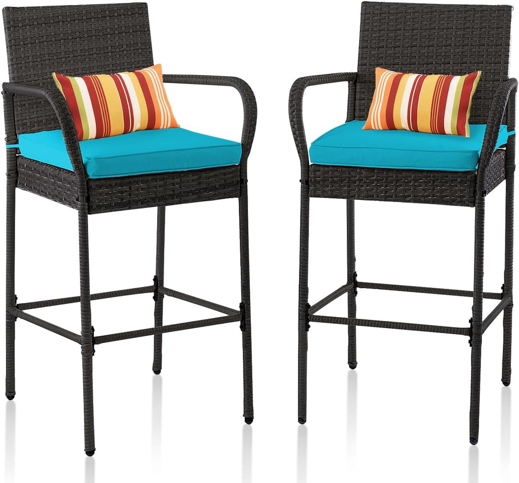 Sundale Outdoor Wicker Bar Stool Set of 2, Patio Counter Height Pub Chair with Arms, High Top Rattan Barstool, Cushion Beige, All-Weather Outdoor Rattan Furniture (Gray&Blue, Small Seat - 2 Stools)