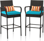 Sundale Outdoor Wicker Bar Stool Set of 2, Patio Counter Height Pub Chair with Arms, High Top Rattan Barstool, Cushion Beige, All-Weather Outdoor Rattan Furniture (Gray&Blue, Small Seat - 2 Stools)