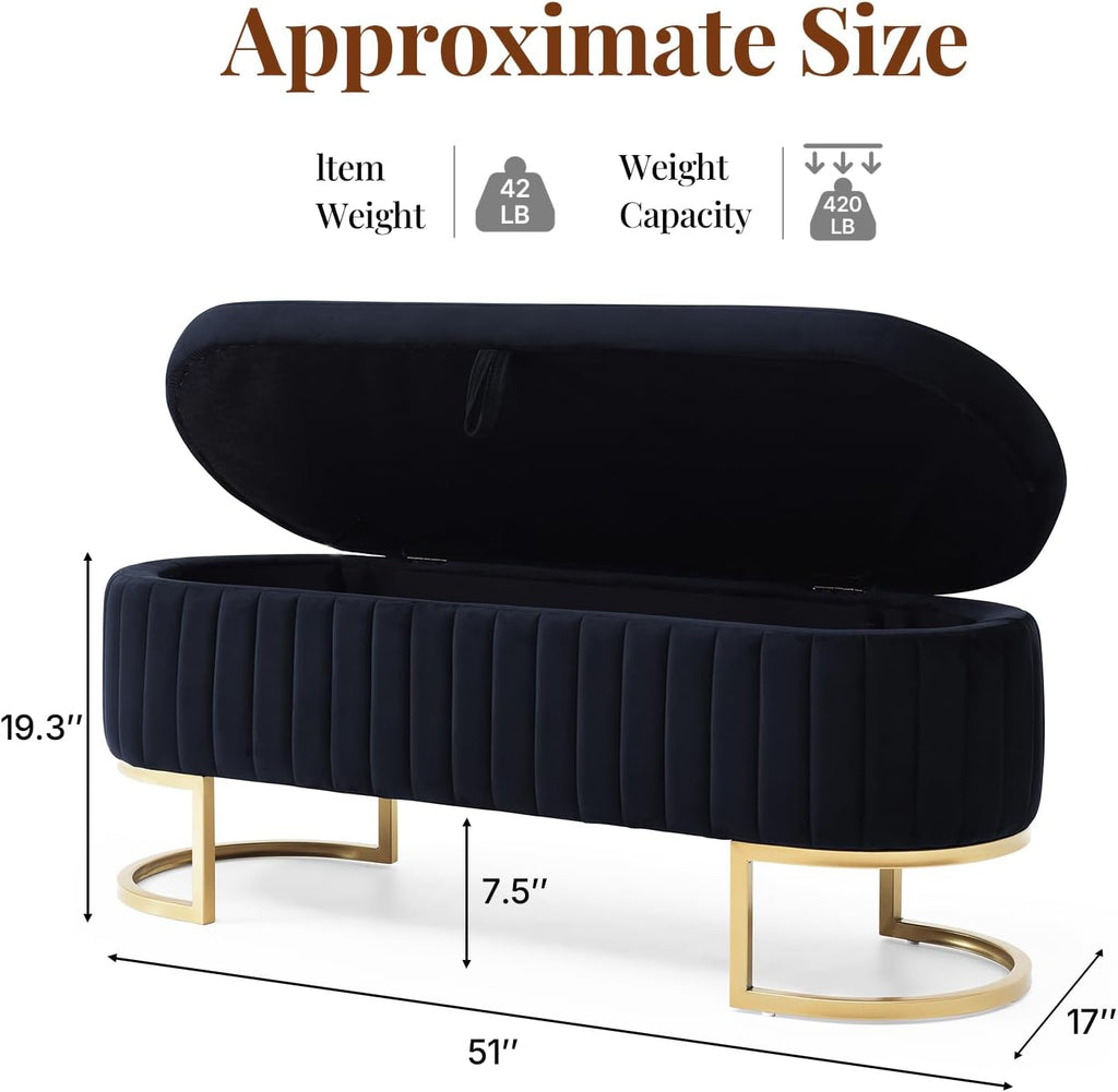 50.5" Modern Velvet Storage Bench, Luxury Channeled Queen Size End of Bed Bench with Hidden Storage and Gold Legs, Modern Glam Ottoman Bench for Bedroom, Living Room, Entryway, Black