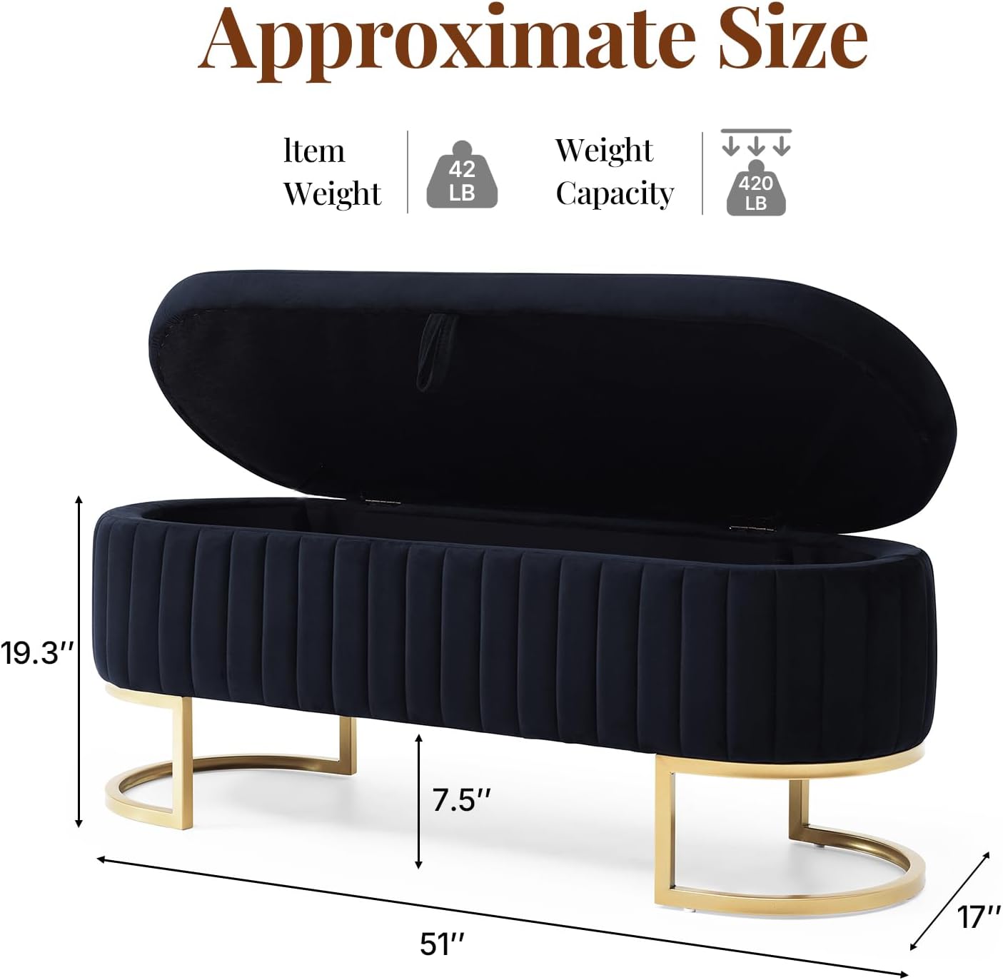 50.5" Modern Velvet Storage Bench, Luxury Channeled Queen Size End of Bed Bench with Hidden Storage and Gold Legs, Modern Glam Ottoman Bench for Bedroom, Living Room, Entryway, Black