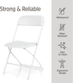 EconoHome 10 Pack White Plastic Folding Chairs, Heavy-Duty Steel Frame, Portable Stackable Foldable Chairs with Non-Slip Feet – Commercial Indoor/Outdoor Seating for Events, Weddings, Office, Parties