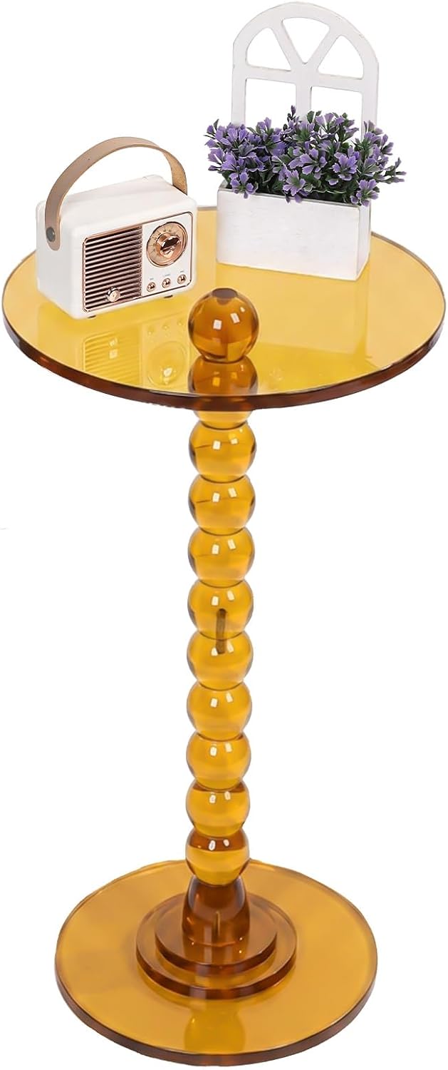 Acrylic Round Side Table Clear End Stand with Column Base Transparent Modern Pedestal Drink Storage Small Space Bedside Nightstand for Living Room Bedroom Balcony Home Decor Orange