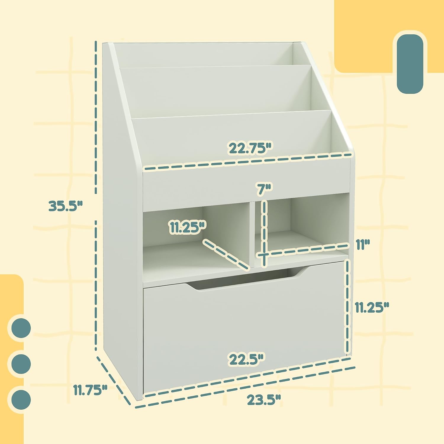 Bookcase Multi Shelf Rack Organizer with Storage Drawer for Books, Playroom, Pale Green