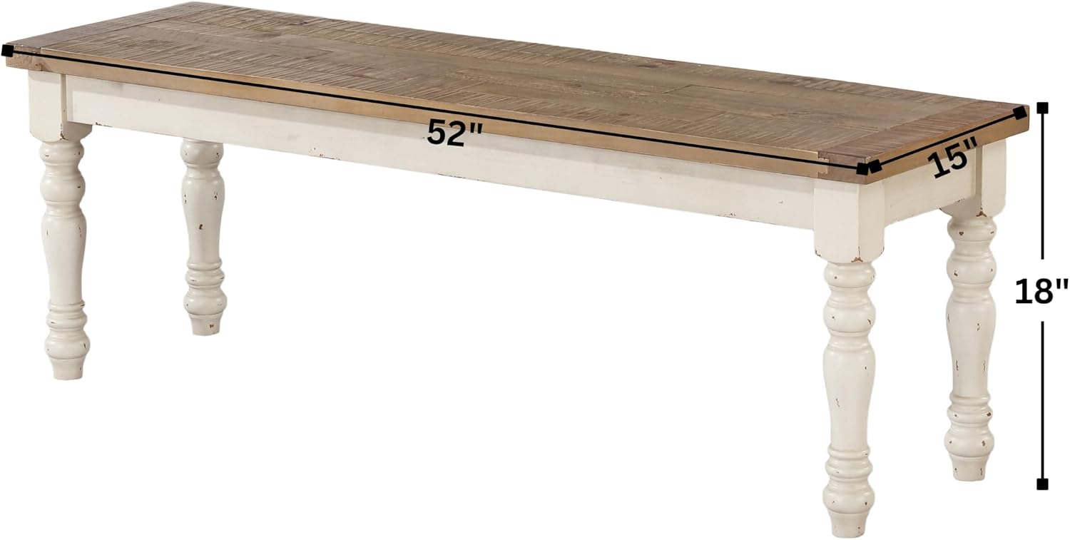 Roundhill Furniture Prato Two-Tone Distressed Oak Wood Dining Bench, Antique White