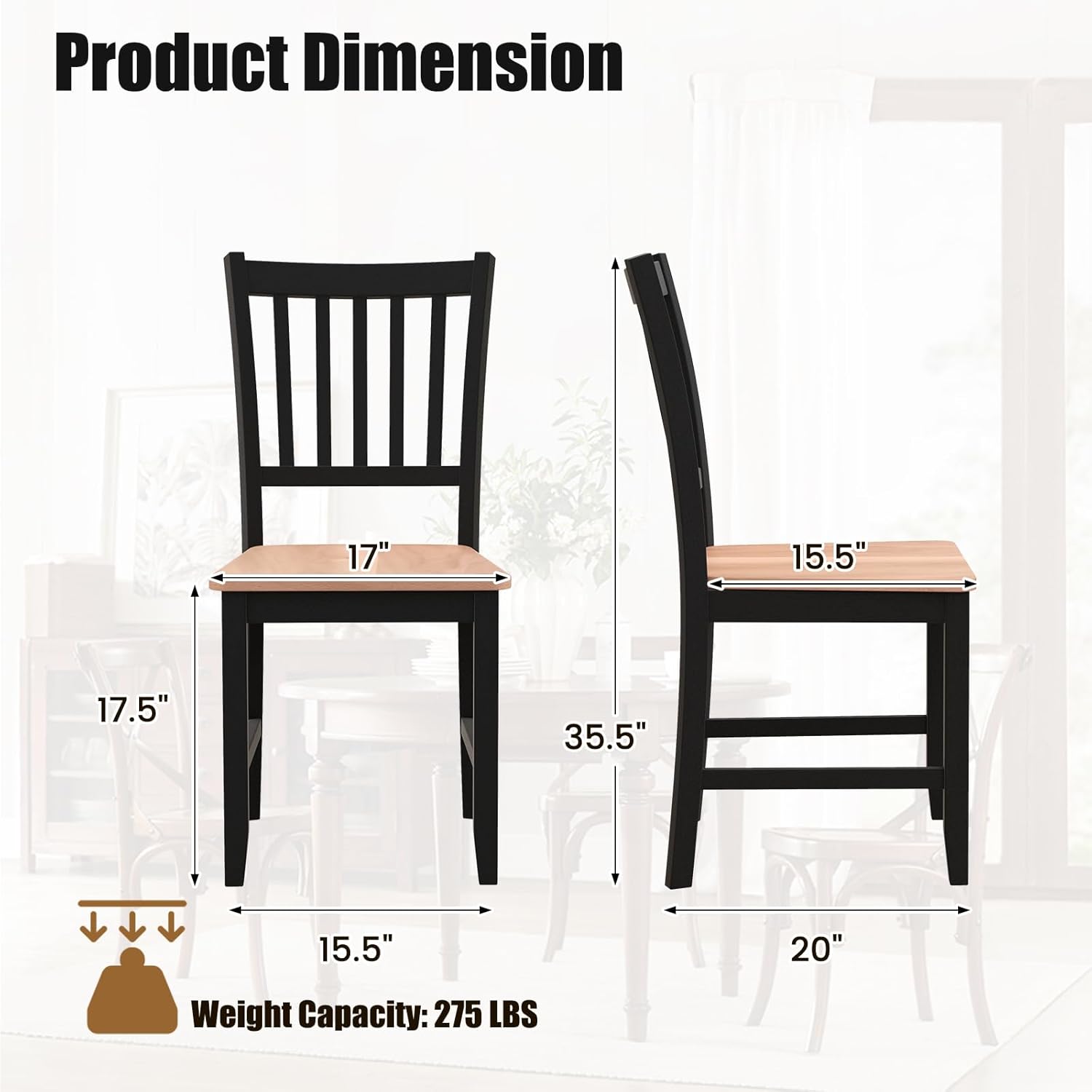 POWERSTONE Dining Chairs Set of 4, Wooden Windsor Kitchen Chair with Large Seat Spindle High Back for Kitchen and Dining Room, Black