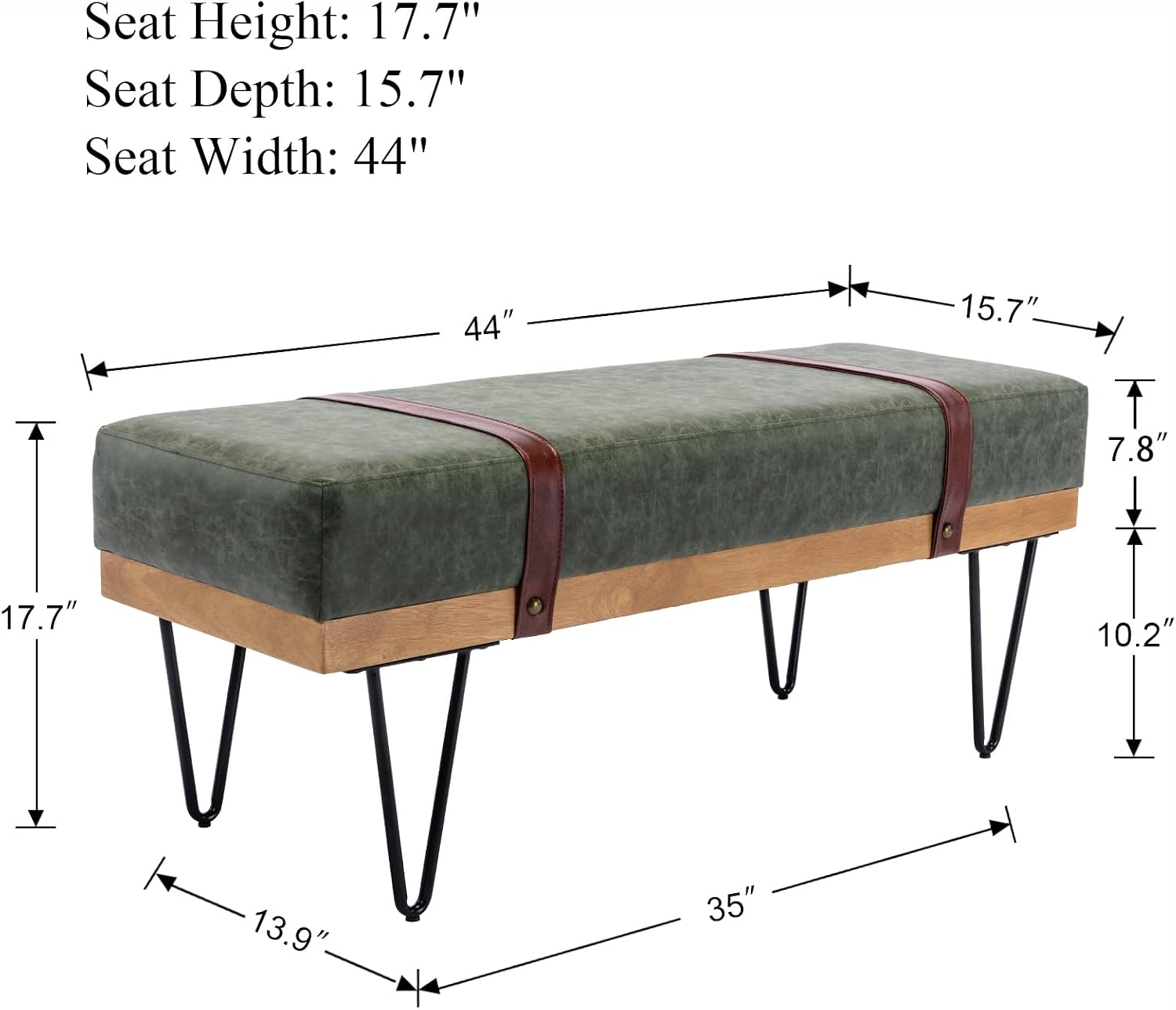DUOMAY Industrial Modern PU Rectangle Ottoman Bench with PU Strap and Metal Legs, Mid Century Dining Table Bench Footstool Entryway Shoe Bench for Bedroom Dining Room Living Room, Green