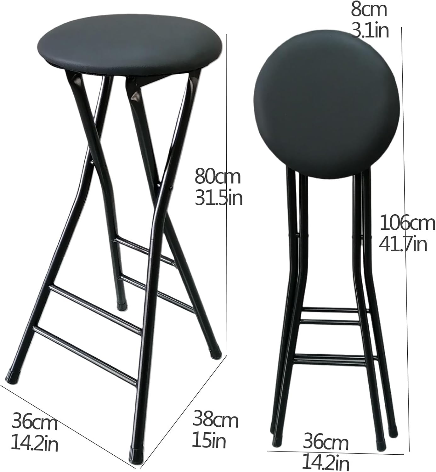 Round Padded Folding High Chiar for Kitchen, Outdoor, Camping, Foldable Bar Stool Backless, Portable Adult Foldable Stool (Color : Black, Size : 80cm/31.5in)