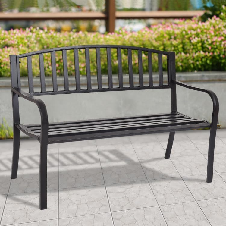 Black 50in Outdoor Steel Benches Powder-Coated 2-Person 500lbs Capacity Garden Deck Backyard