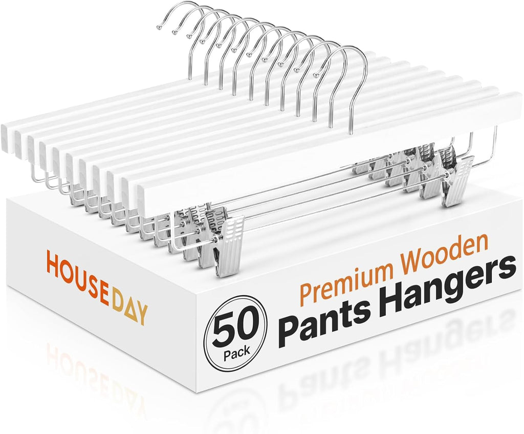 HOUSE DAY Premium Wooden Pants Skirts Hangers, Solid Wood Trousers Bottom Hanger with 2-Adjustable Clips, Clip Hangers for Slacks, Jeans, Shorts (White, Pack of 50)
