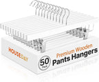HOUSE DAY Premium Wooden Pants Skirts Hangers, Solid Wood Trousers Bottom Hanger with 2-Adjustable Clips, Clip Hangers for Slacks, Jeans, Shorts (White, Pack of 50)