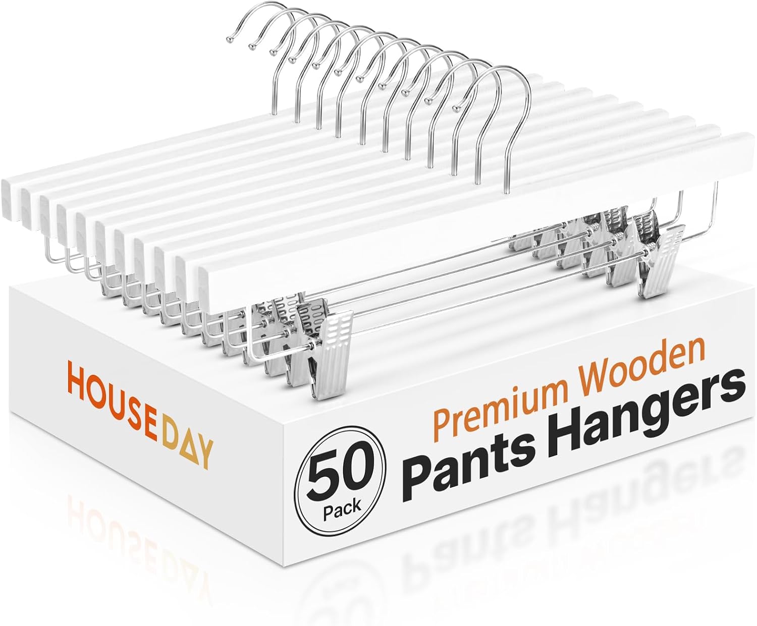 HOUSE DAY Premium Wooden Pants Skirts Hangers, Solid Wood Trousers Bottom Hanger with 2-Adjustable Clips, Clip Hangers for Slacks, Jeans, Shorts (White, Pack of 50)