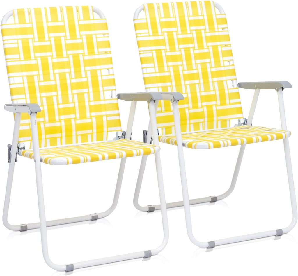 Vasitelan Patio Lawn Chairs Folding Chairs Set of 2, Webbed Folding Chair Outdoor Beach Chair Portable Camping Chair for Yard, Garden (Yellow & White)