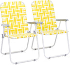 Vasitelan Patio Lawn Chairs Folding Chairs Set of 2, Webbed Folding Chair Outdoor Beach Chair Portable Camping Chair for Yard, Garden (Yellow & White)