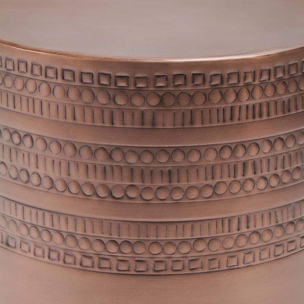 Modern Round Aluminum Hammered Embossed Texturing Metal End Table, Hand-Stamped Iron, Boho Accent Side Table, Drum Shaped, for the Living Room and Bedroom, Copper