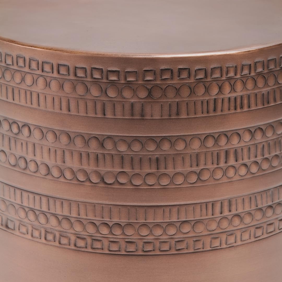 Modern Round Aluminum Hammered Embossed Texturing Metal End Table, Hand-Stamped Iron, Boho Accent Side Table, Drum Shaped, for the Living Room and Bedroom, Copper