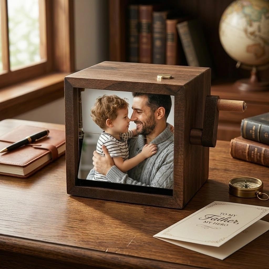 Custom Flip Photo Book, Personalized 8 or 16 Photo Flip Box Frame Animation Machine, Custom Hand-crank Flipbook Box Album with Light, Music, Gifts for Father’s Day Birthday