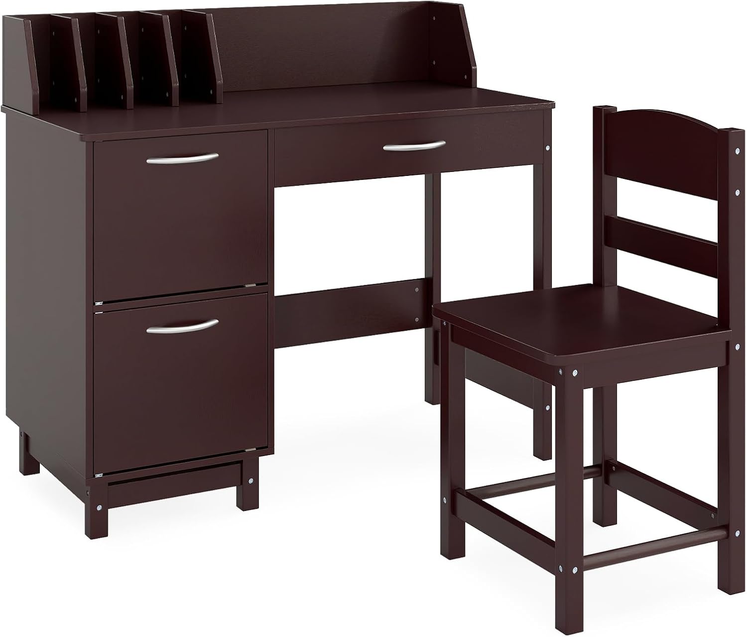 HONEY JOY Kids Desk and Chair Set, Wooden Children School Study Table and Chair w/Drawer, Storage Shelf & Cabinets, Student Computer Workstation Writing Desk for Bedroom, 3-8 Years Old (Dark Brown)