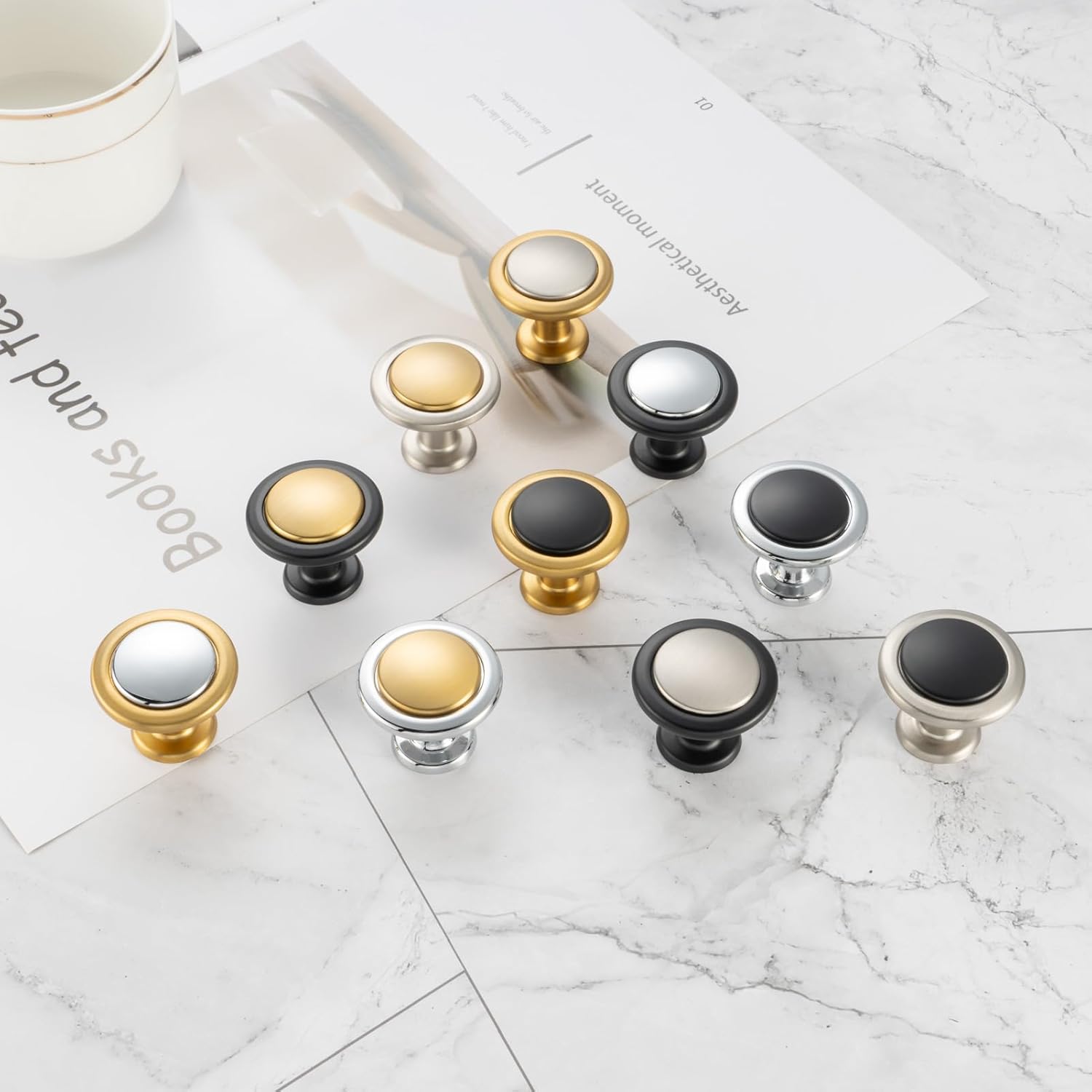 KOOFIZO 30 Pack Gold and Nickel Kitchen Cabinet Knobs Brushed Gold and Silver Drawer Knobs 1960 Round Single Hole Cabinet Pulls for Cabinets Drawers Dresser Cupboard Bedroom Bathroom