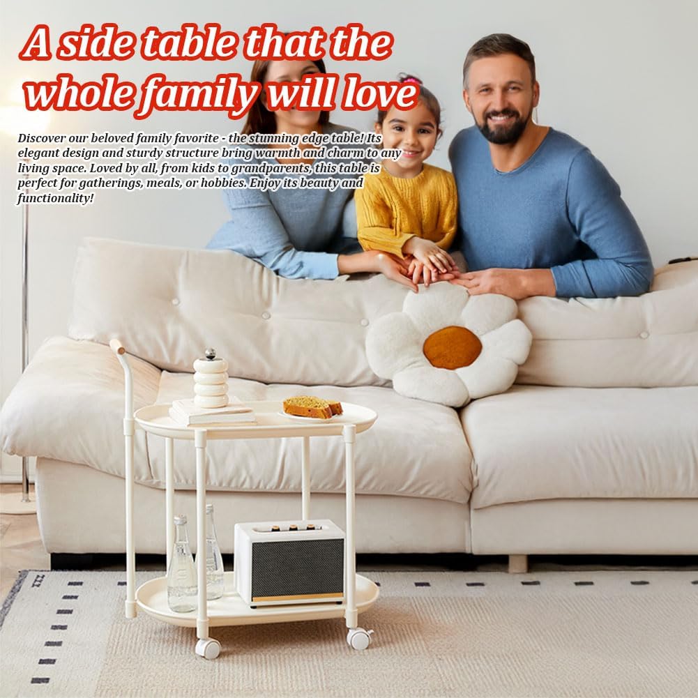 Mobile End Table, 2 Tier Side Cabinet with Handle Storage Rack and 4 Wheels, Utility Cart Living Room Small Sofa Table Mobile Plastic Side Table Little Night Stand Bedroom Balcony, White