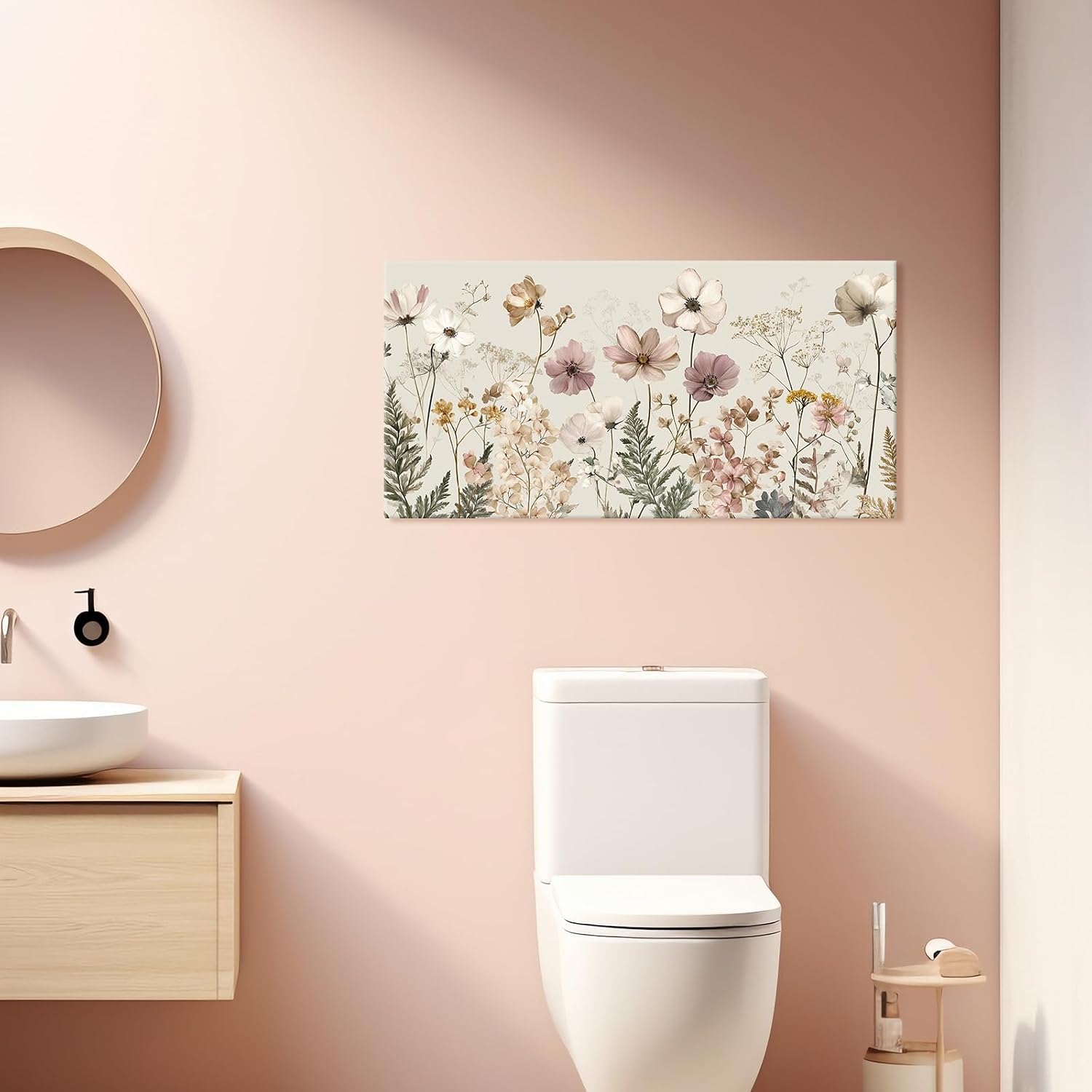 BewDalky Vintage Wildflower Canvas Wall Art Rustic Farmhouse Botanical Floral Landscape Painting Beige Pink Watercolor Meadow Flower Artwork Prints for Bedroom Living Room Aesthetic Home Decor 12"x24"