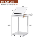 OtterOasis C Shaped End Table, Rolling Side Table with 4-Way Convertible Desktop, Wooden C Table with Multi-Functional Folding Tray & Small Chair, Side Table for Couch, Living Room, Bedroom, White