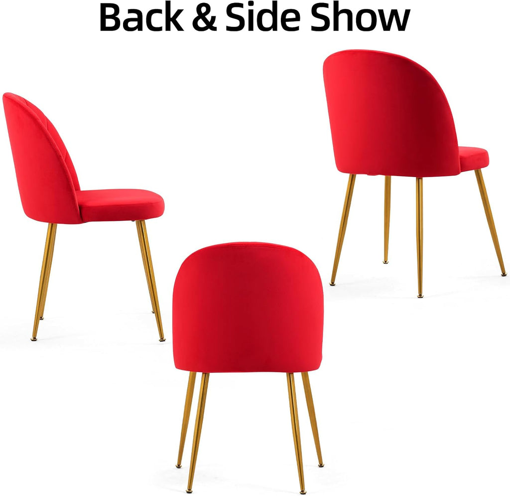 Velvet Dining Chairs Set of 4, Upholstered Mid Century Modern Dining Room Chairs, Armless Accent Chair with Metal Gold Legs for Living Room, Kitchen, Rose Red