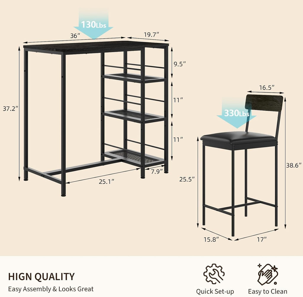 GarveeLife Dining Table Set for 2, Counter Height Bar Table Set with Storage ＆ Stools, High Top Pub Table and Chairs for Kitchen, Dining Room, Sofa Side, Apartment, Breakfast Nook