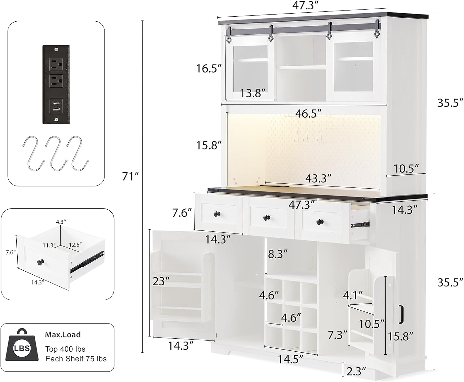 71" Pantry Bar Cabinet with Internal Storage Rack,Kitchen Cabinet with Hutch,Sliding Door, Power Outlet, Pegboard, Wine & Glasses Rack, 3 Drawers, Coffee Bar Storage Cabinet