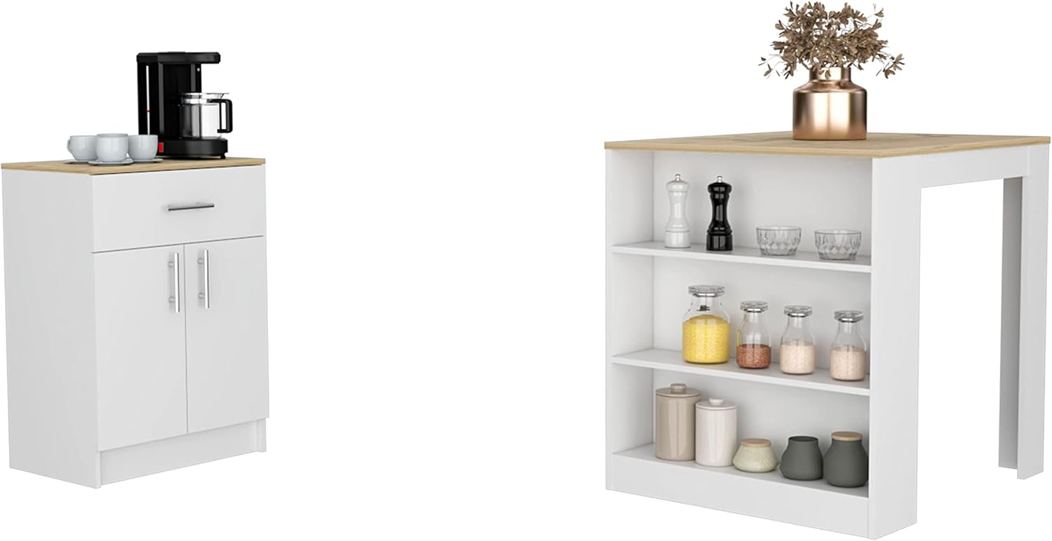 Contemporary Kitchen Island + Pantry Cabinet Combo, Kitchen Storage, White and Light Oak Freestanding Set, Cupboard, with Prep Space and Ample Storage