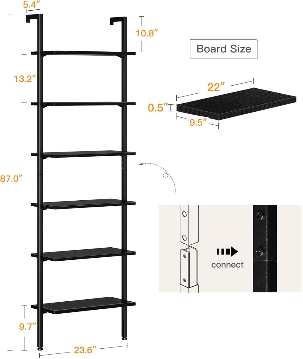 ODK 6-Tier Ladder Shelf, Book Shelf with Metal Frame, Bookcase for Living Room, Home Office, Kitchen & Bedroom, Space Saving Freestanding Organizer Rack, Black (10" D x 24" W x 87" H)